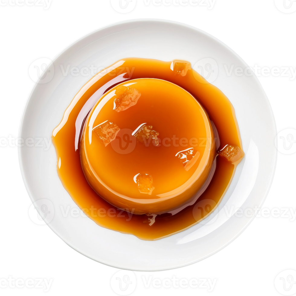 AI generated Caramel Flan Dessert on a White Plate on Transparent Background. png