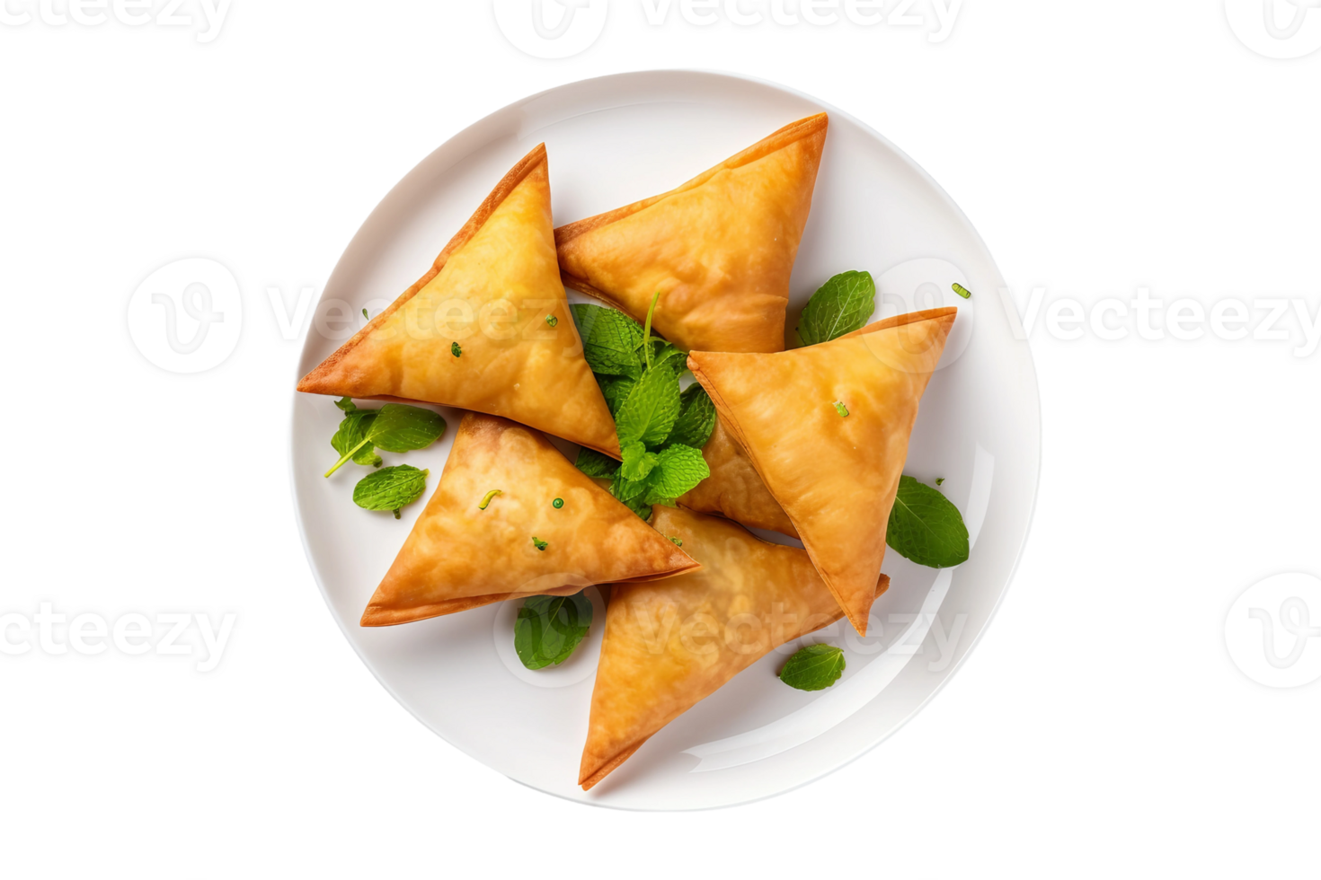 ai gegenereerd krokant samosa's met hartig vulling Aan een wit bord geïsoleerd Aan transparant achtergrond. png