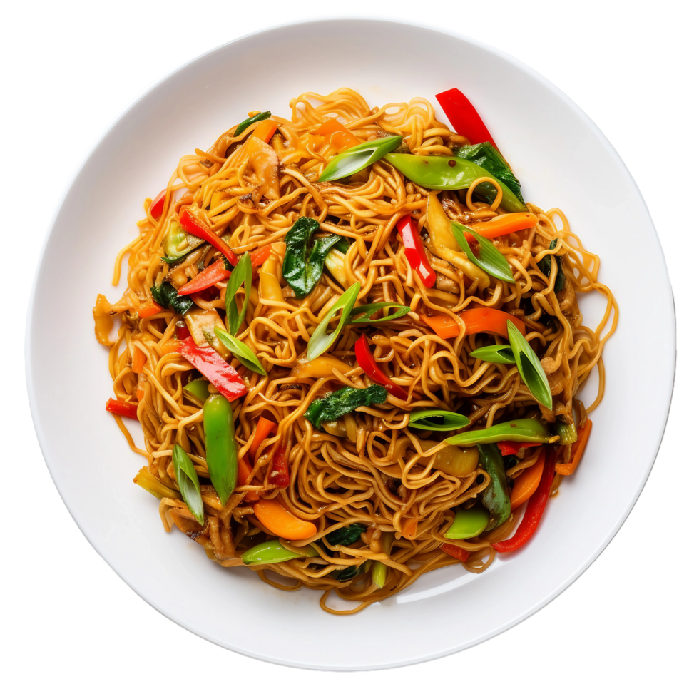 AI generated Stir-Fried Noodles with Vibrant Vegetables on a White Plate on transparent background. png