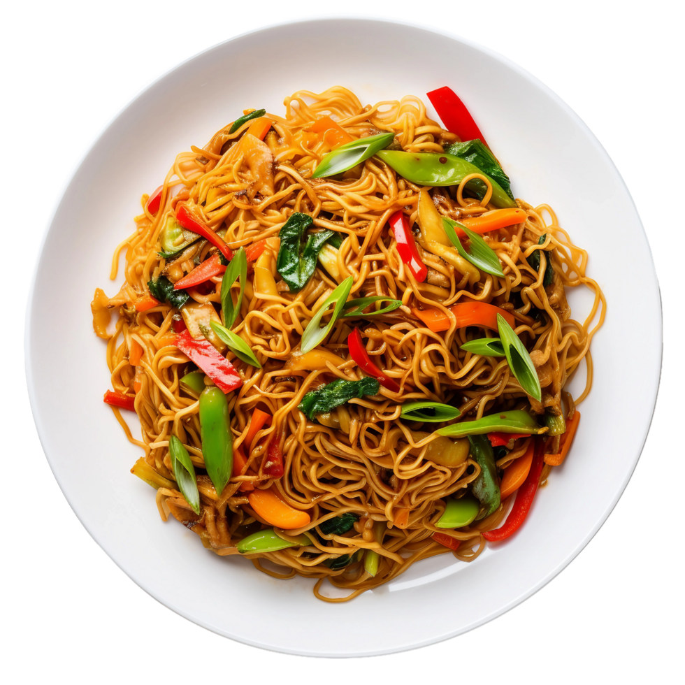 ai genererad Wokad spaghetti med vibrerande grönsaker på en vit tallrik på transparent bakgrund. png