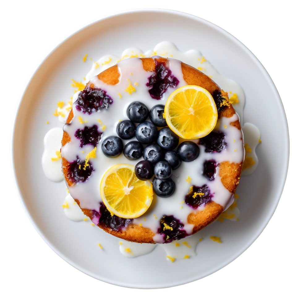 AI generated Blueberry Lemon Cake on a White Plate on transparent background. png