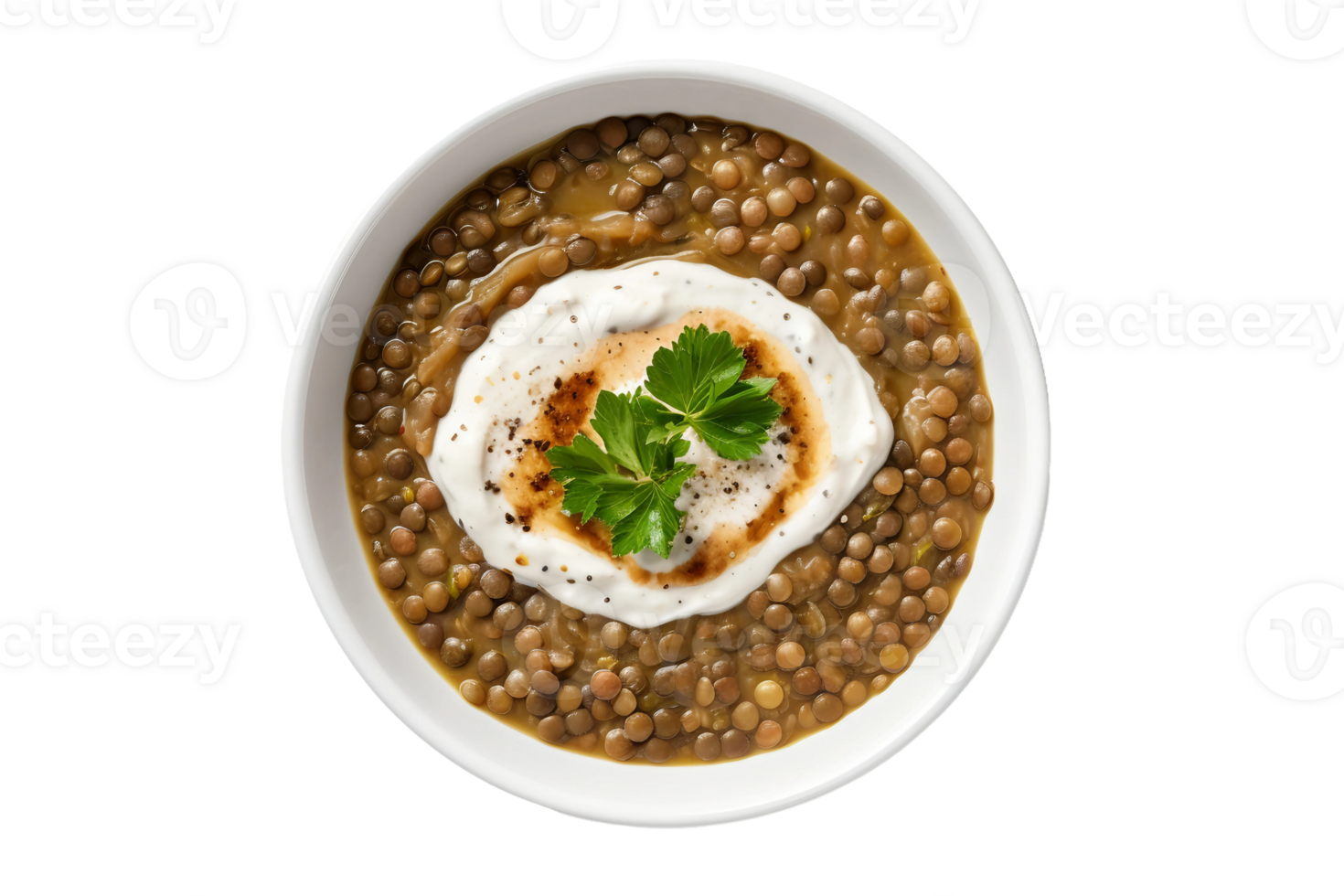 AI generated Warm Lentil Soup in a White Bowl Isolated on Transparent Background. png