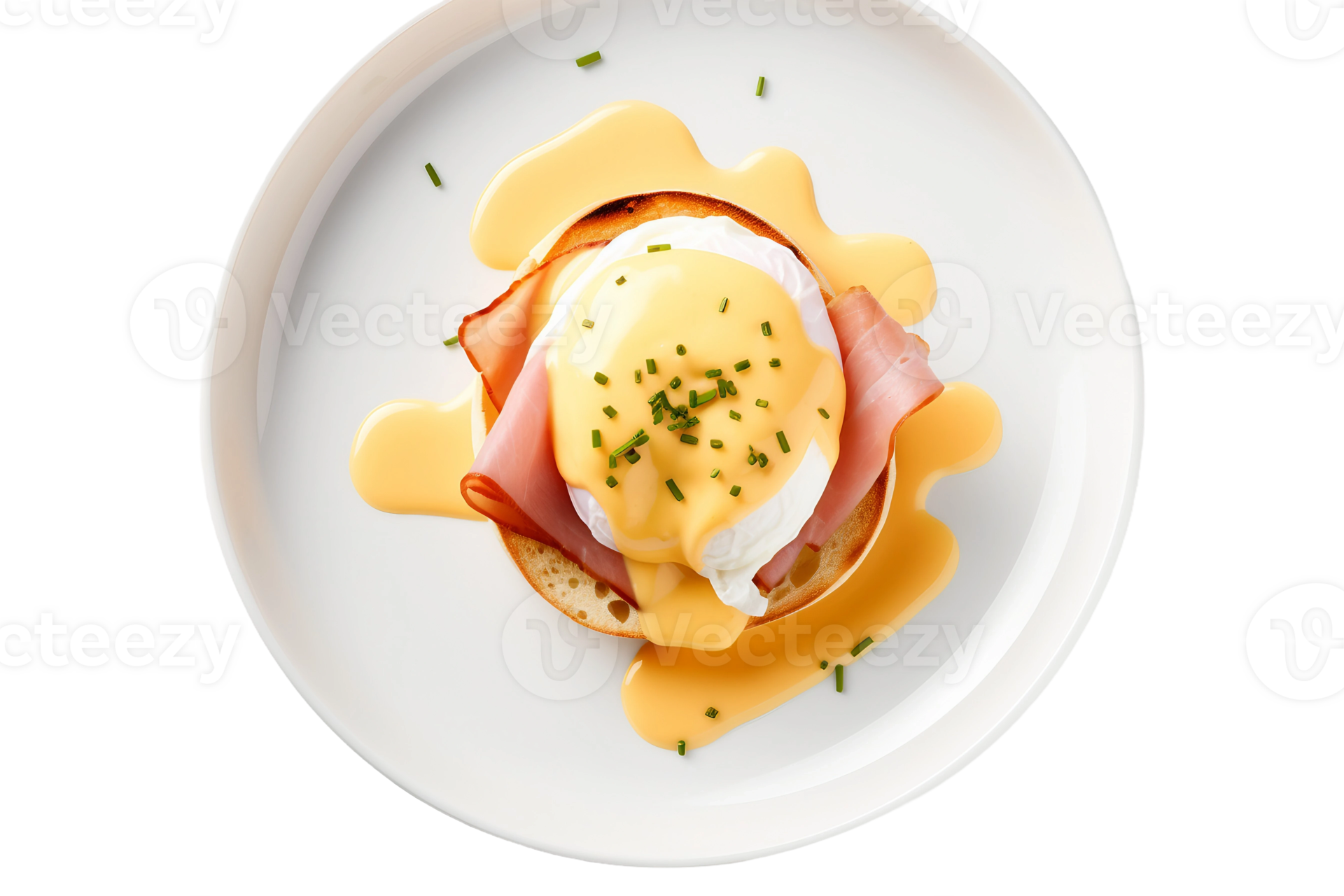 AI generated Eggs Benedict on a White Plate. Transparent Background