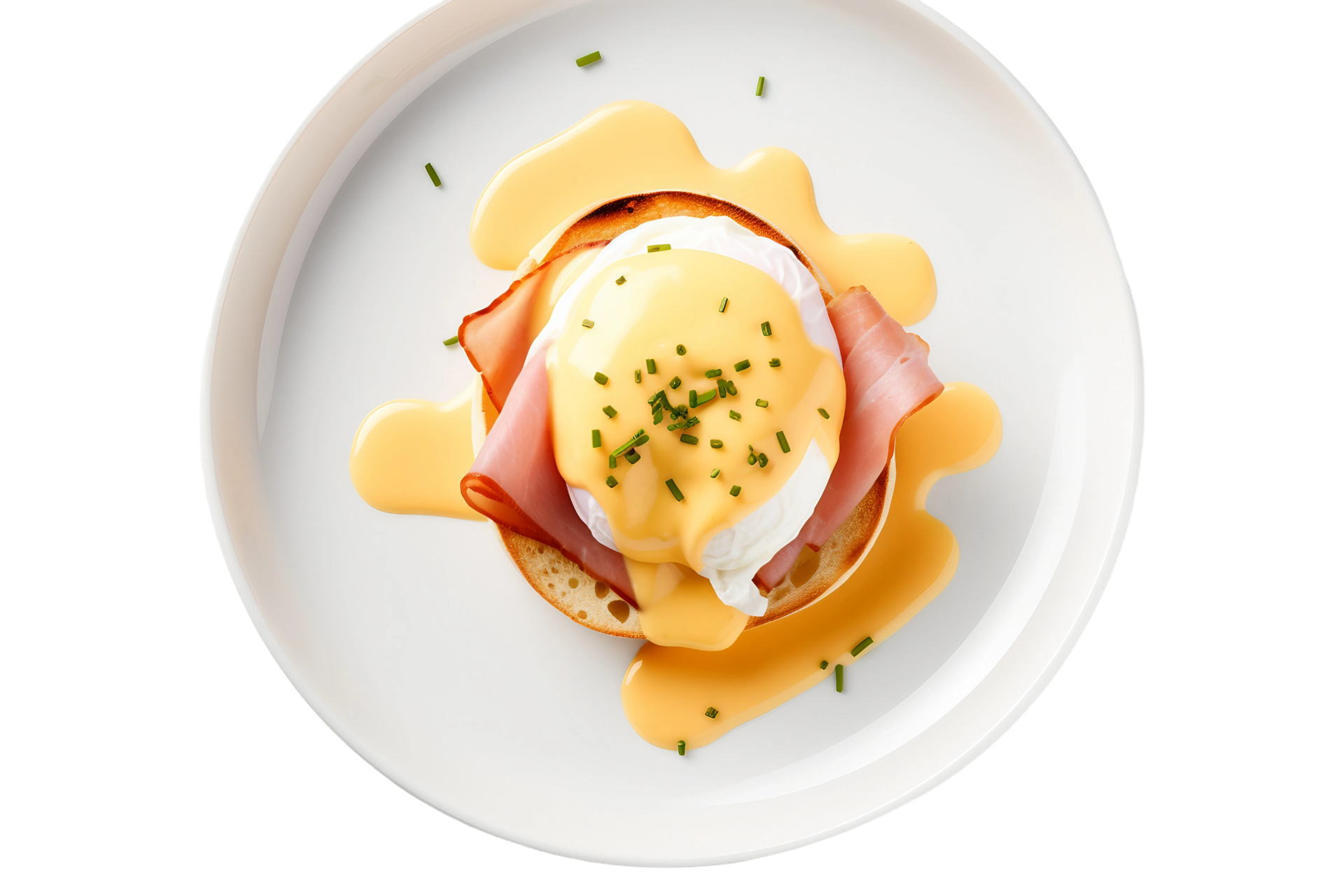 AI generated Eggs Benedict on a White Plate. Transparent Background