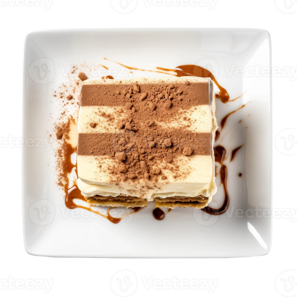 AI generated Tiramisu Dessert on a White Plate on Transparent Background. png