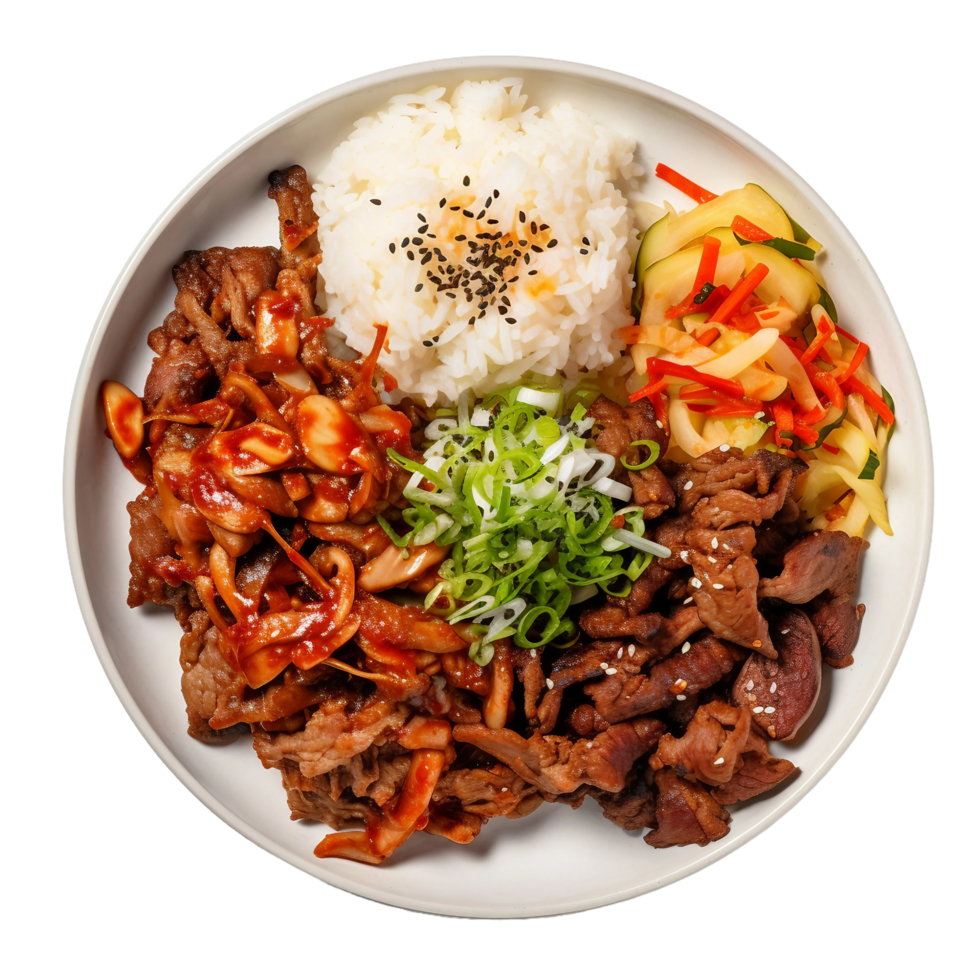 ai generiert ein Teller von köstlich Koreanisch Bulgogi mit Kimchi und Reis auf transparent Hintergrund. png