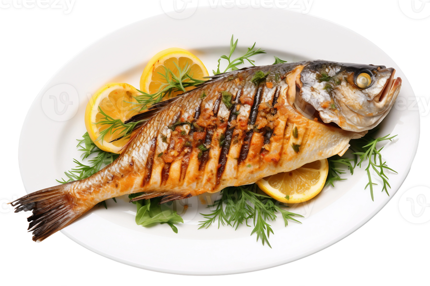 ai generato grigliato pesce con erbe aromatiche su un' bianca piatto isolato su trasparente sfondo. png