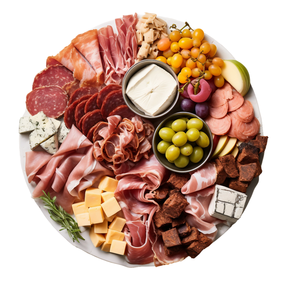 AI generated Charcuterie Platter with Assorted Meats and Cheeses on Transparent Background. png