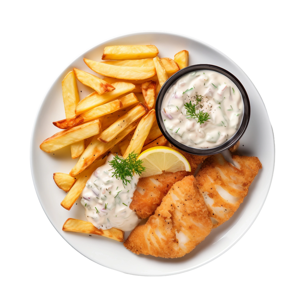 AI generated Crispy Fish and Chips with Tartar Sauce on Transparent Background. png