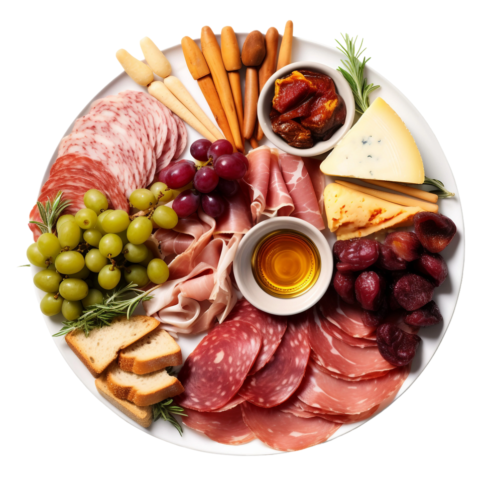 AI generated Charcuterie Platter with Assorted Meats and Cheeses on Transparent Background. png