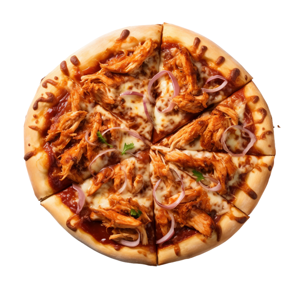 ai généré savourer le savoureux couches de un barbecue poulet Pizza sur transparent Contexte. png