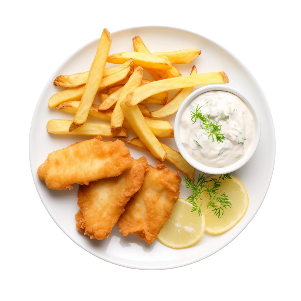 AI generated Crispy Fish and Chips with Tartar Sauce on Transparent Background. png