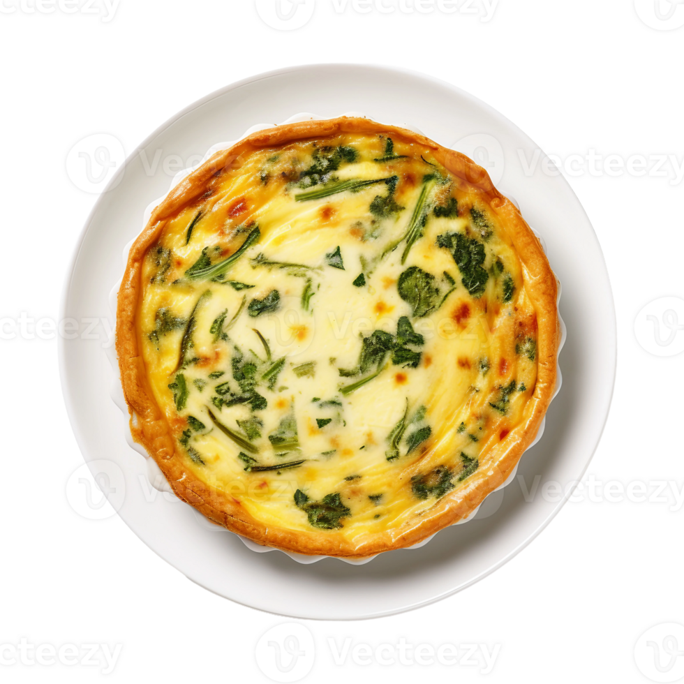 AI generated Spinach Quiche on a White Plate on Transparent Background. png