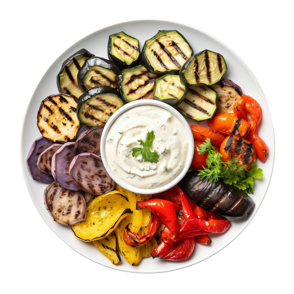 AI generated Grilled Vegetables with Tzatziki Delight on transparent background. png