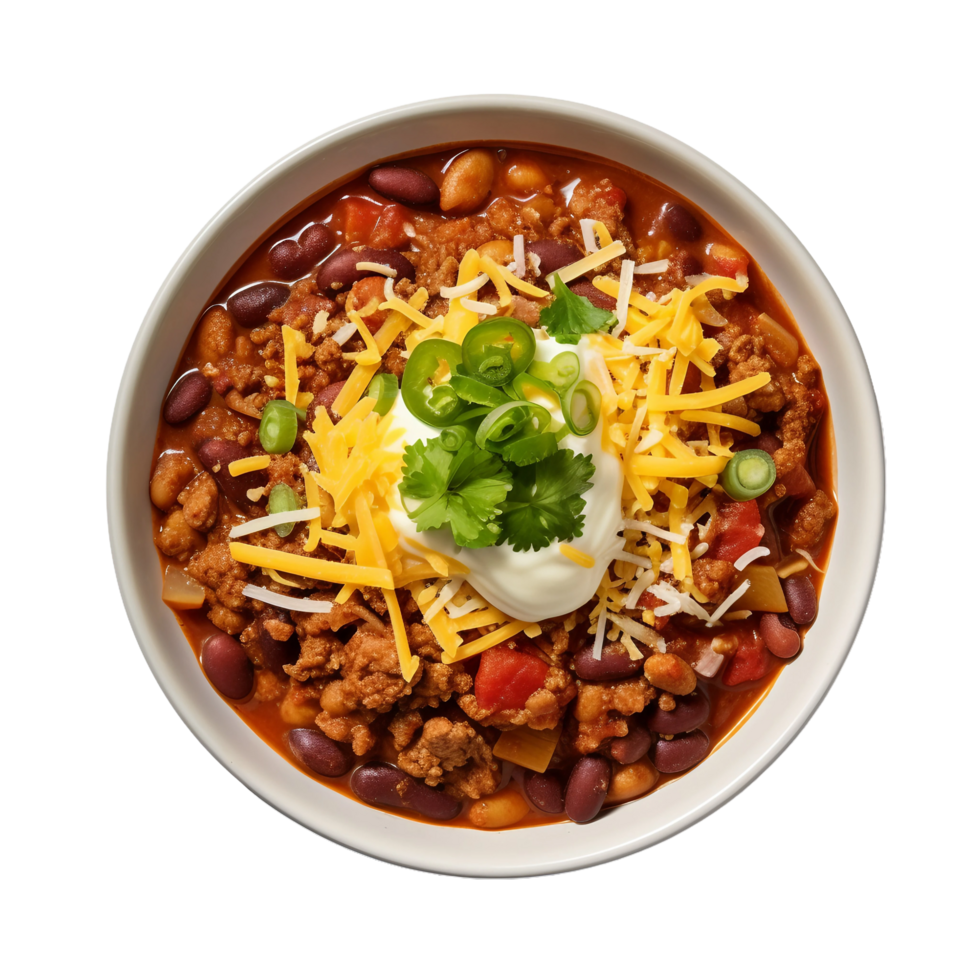 AI generated A Hearty Bowl of Chili with Beans and Shredded Cheese on Transparent Background. png