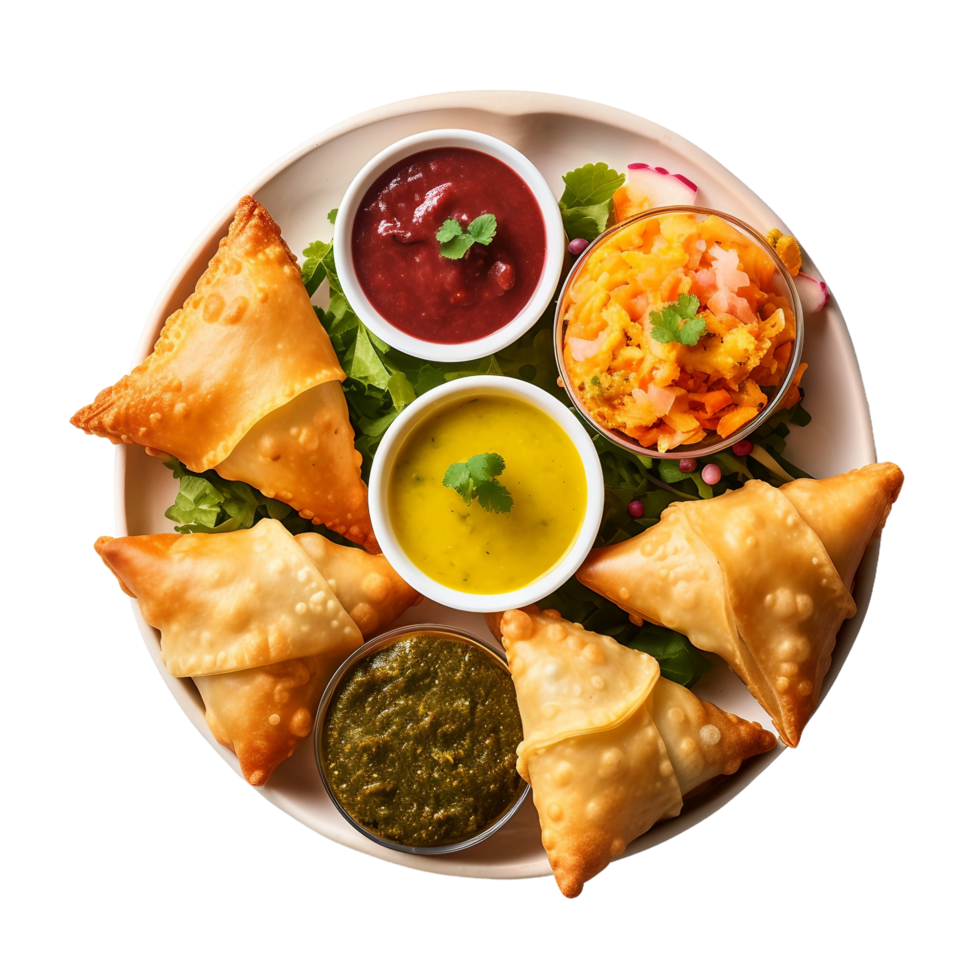 AI generated Assorted Indian Samosas with Flavorful Chutney on transparent background. png