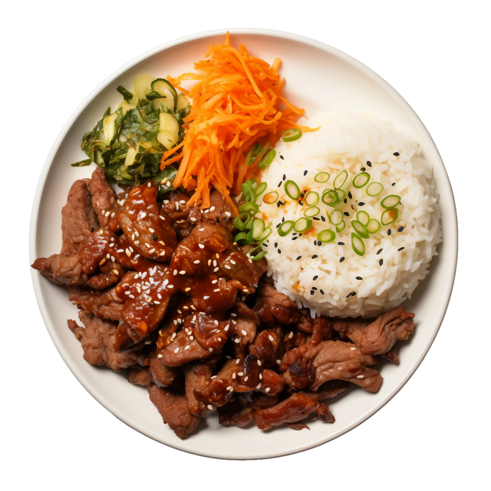 ai generiert ein Teller von köstlich Koreanisch Bulgogi mit Kimchi und Reis auf transparent Hintergrund. png