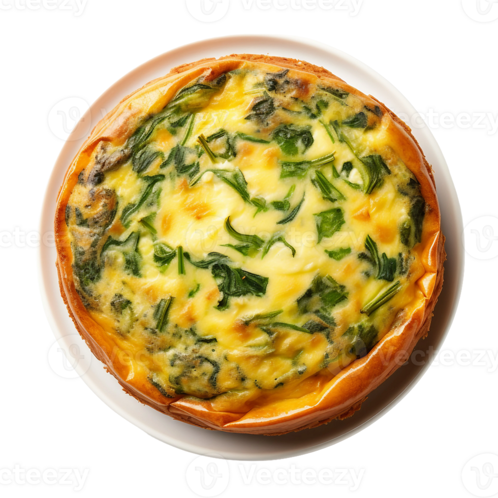 ai generato spinaci quiche su un' bianca piatto su trasparente sfondo. png