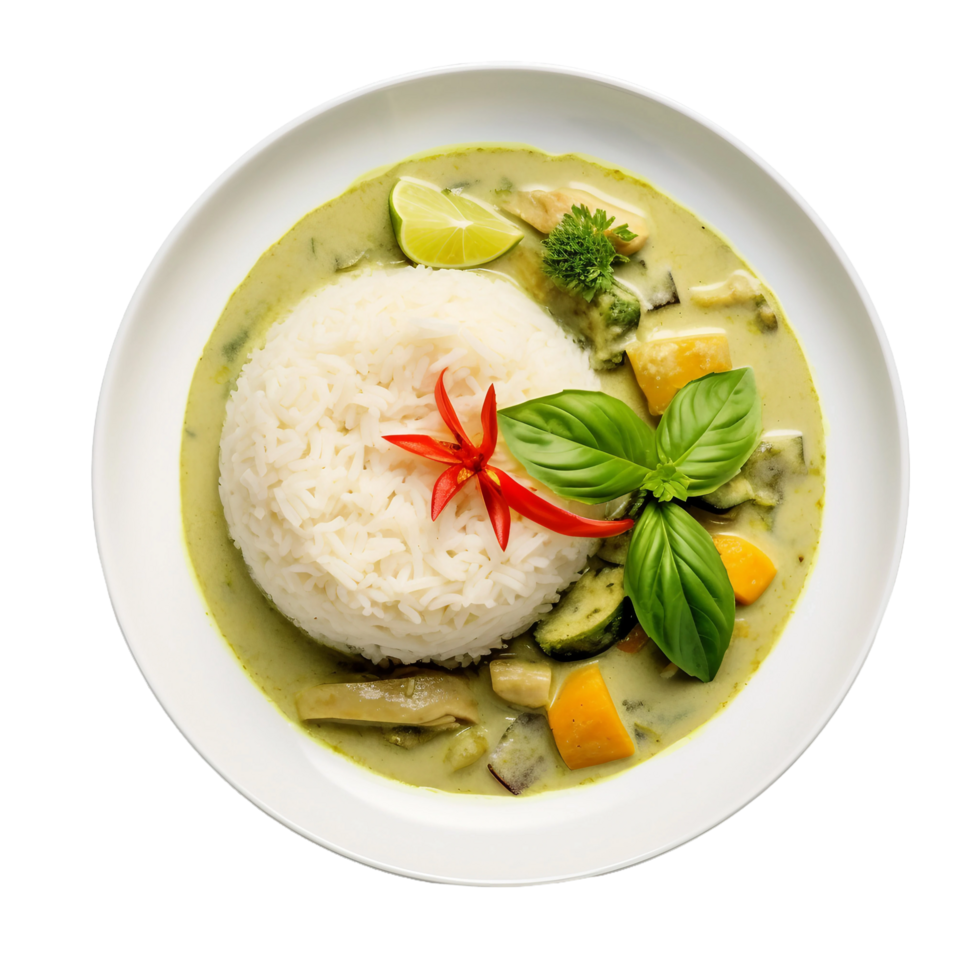 ai generado De arriba hacia abajo ver de un delicioso verde curry con jazmín arroz en transparente antecedentes. png