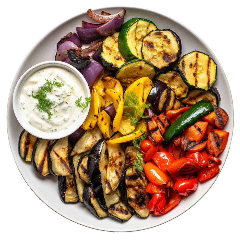 AI generated Grilled Vegetables with Tzatziki Delight on transparent background. png