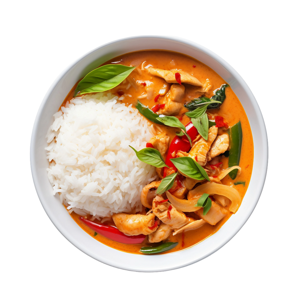 ai généré épicé thaïlandais rouge curry avec jasmin riz sur transparent Contexte. png