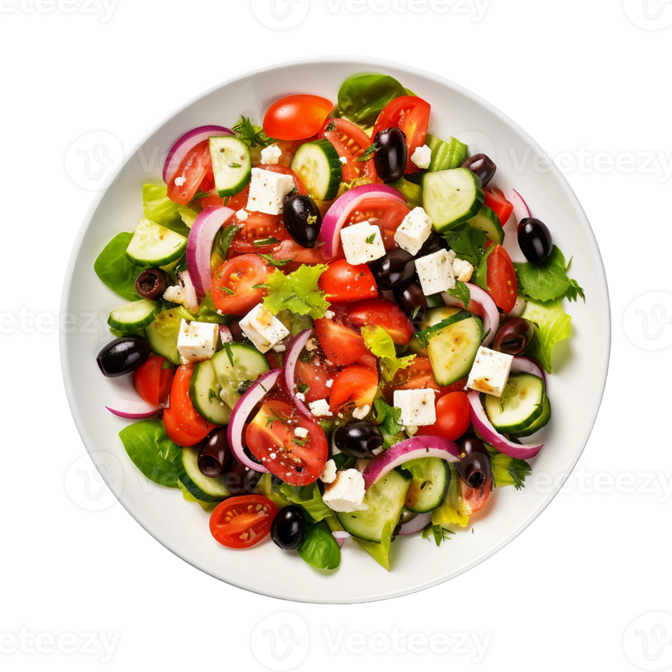 AI generated Greek Salad on a White Plate on Transparent Background. png