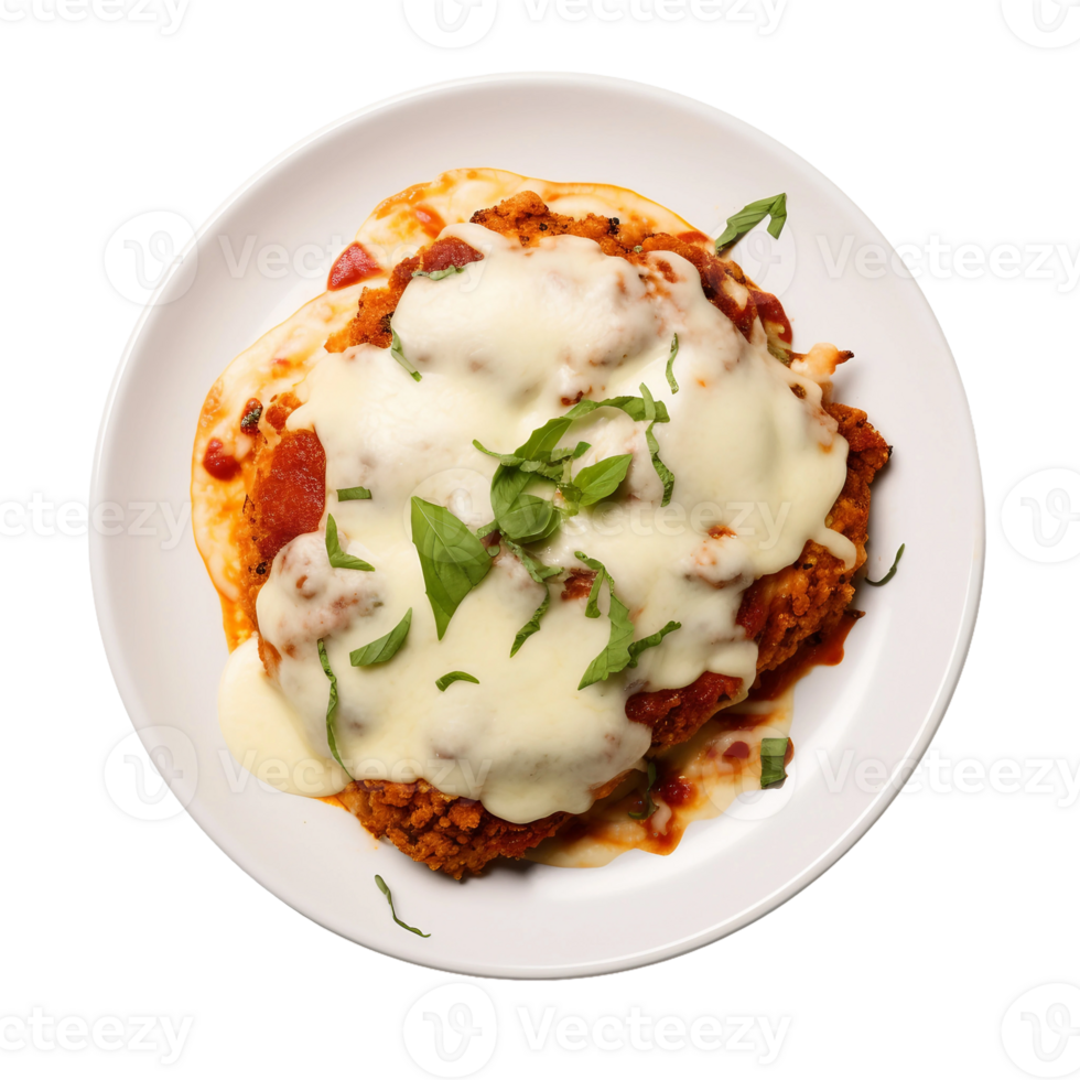 AI generated Chicken Parmesan on a White Plate on Transparent Background. png