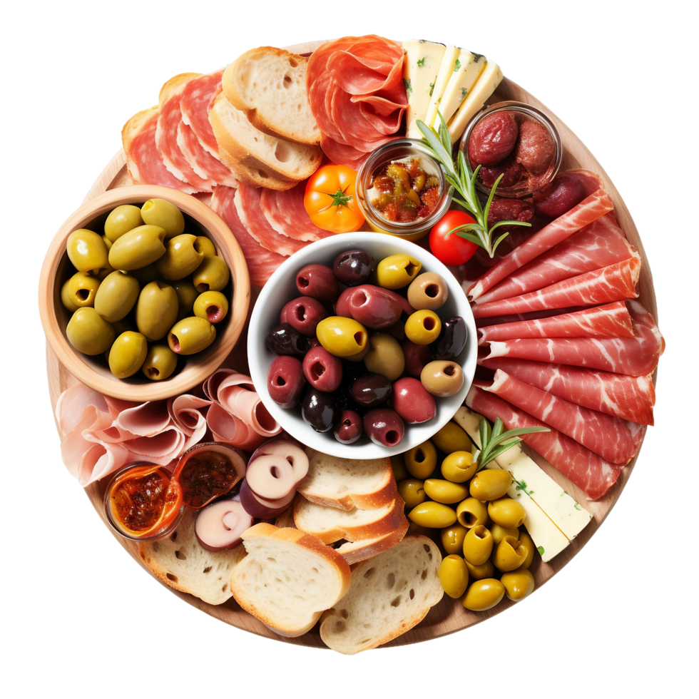 ai generiert ein klassisch Italienisch Antipasti Teller mit Oliven auf transparent Hintergrund. png