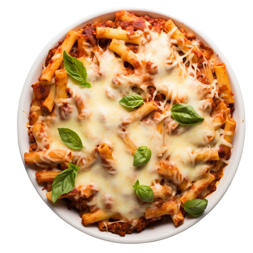 AI generated Baked Ziti Dish Layered Pasta and Cheese on Transparent Background. png