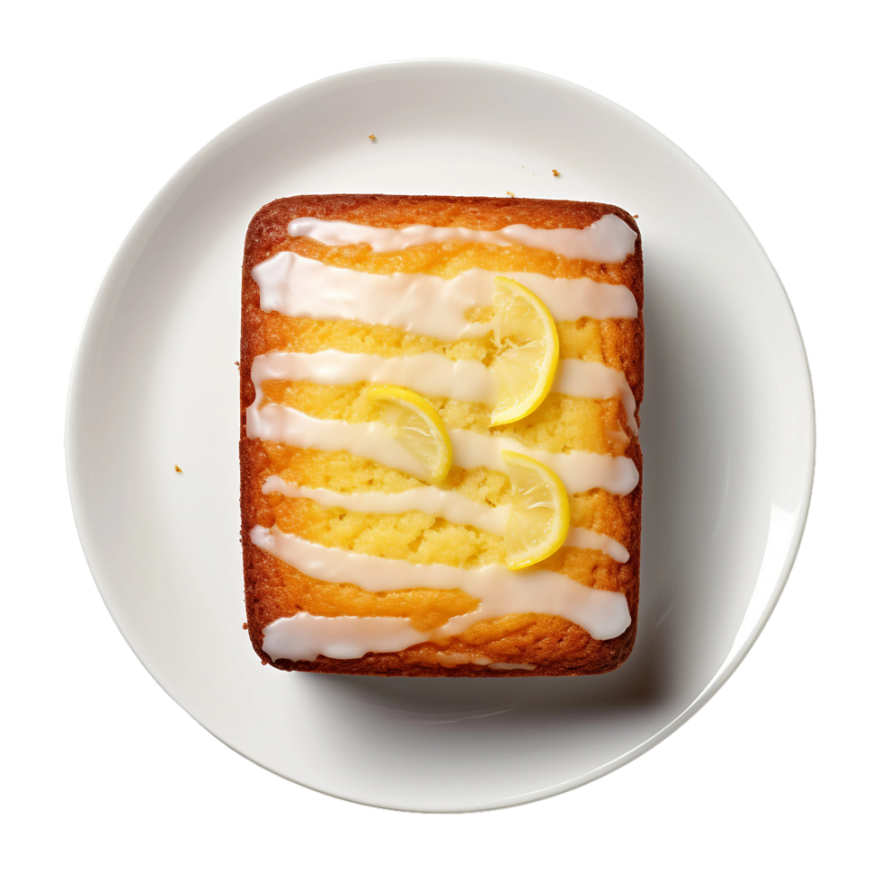 AI generated Lemon Drizzle Cake on a White Plate on Transparent Background. png