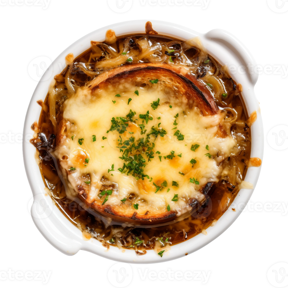 AI generated French Onion Soup in a White Bowl on Transparent Background. png