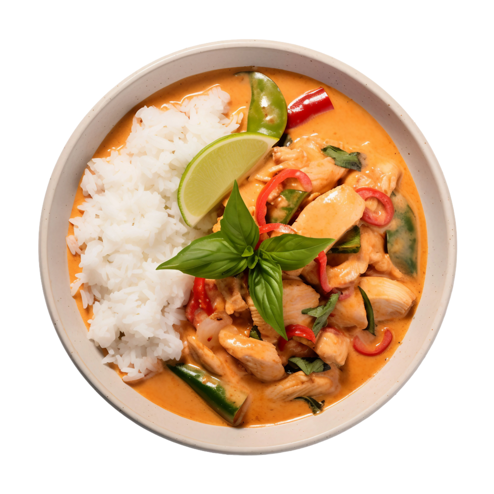 ai generiert würzig thailändisch rot Curry mit Jasmin Reis auf transparent Hintergrund. png