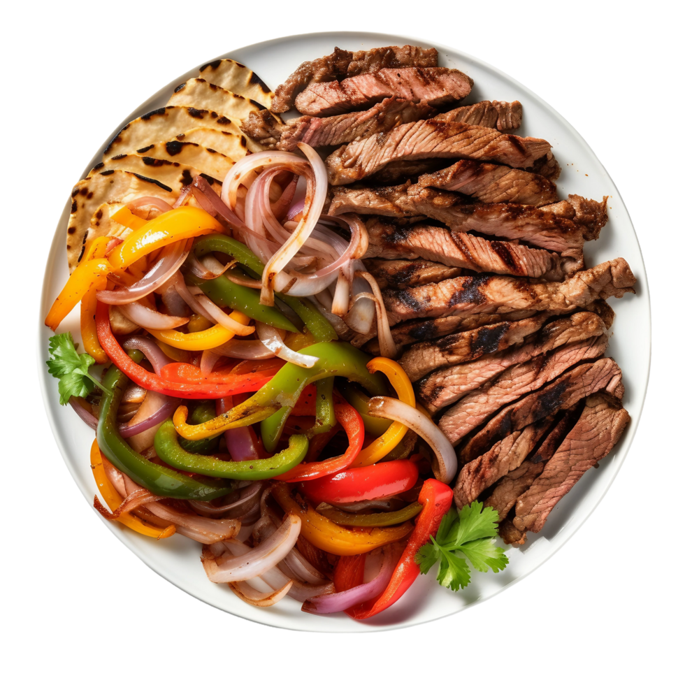 ai generado A la parrilla filete fajitas con pimientos y cebollas en transparente antecedentes. png