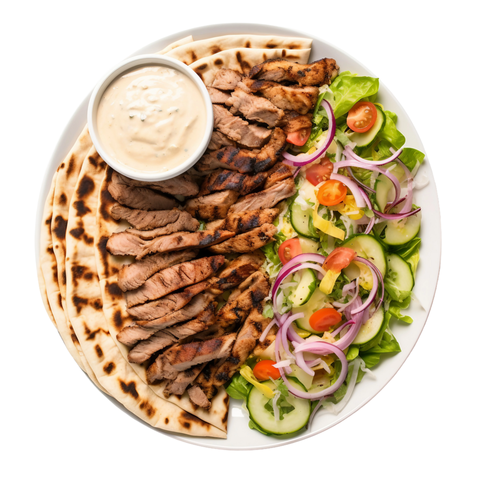 AI generated A Platter of Flavorful Shawarma with Tahini Sauce on transparent background. png