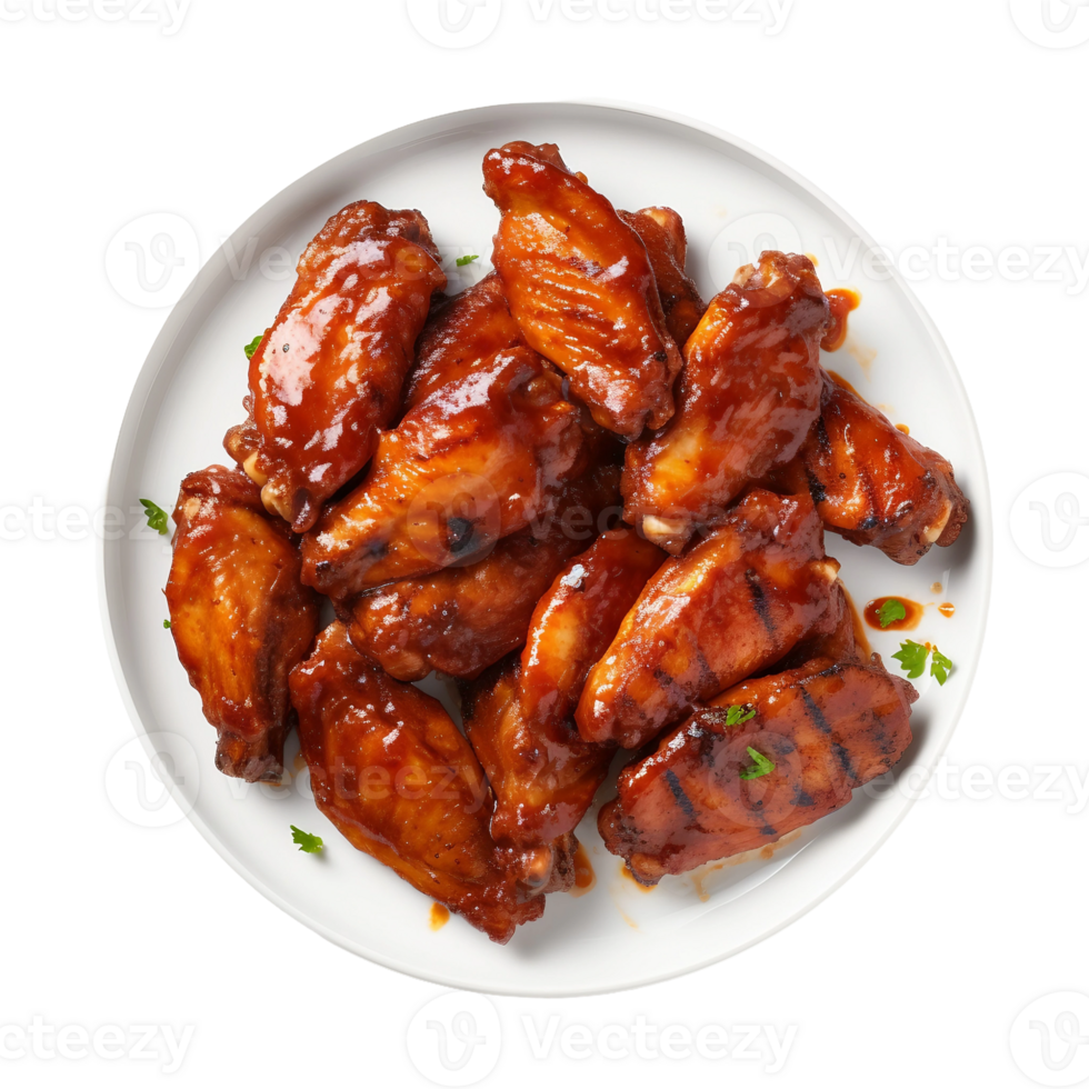 AI generated BBQ Chicken Wings on a White Plate on Transparent Background. png