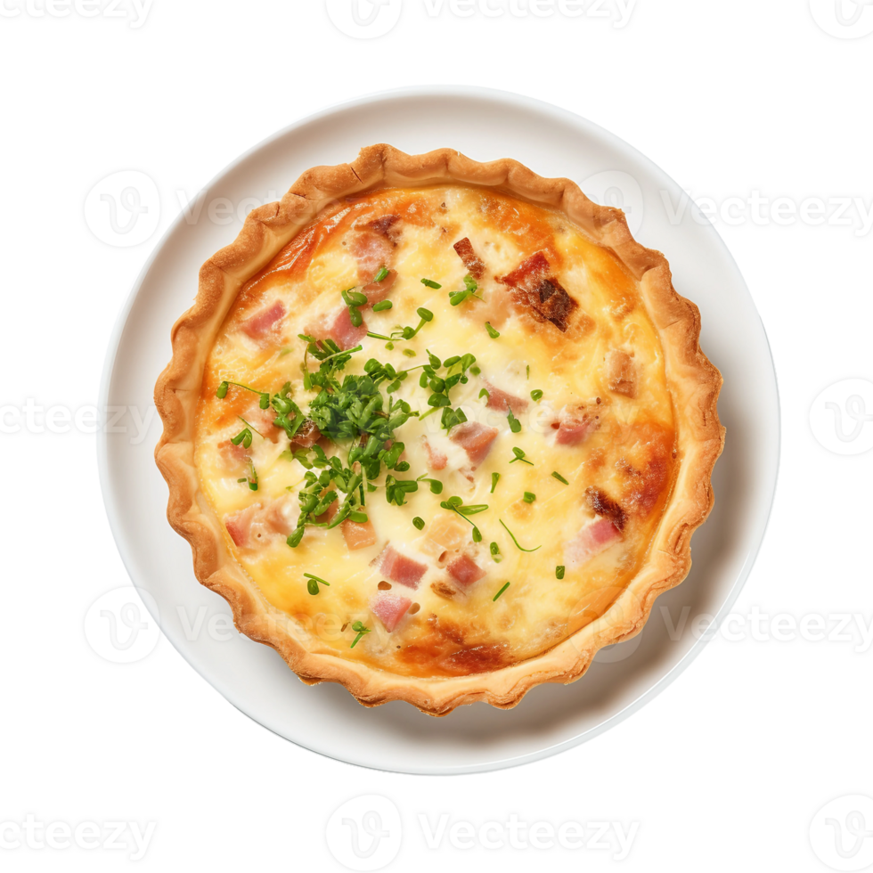 AI generated Quiche Lorraine on a White Plate on Transparent Background. png
