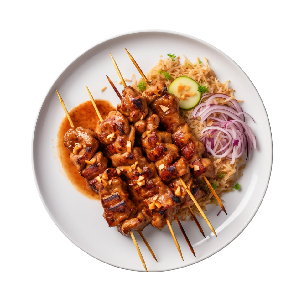 AI generated Chicken Satay on a White Plate on Transparent Background. png