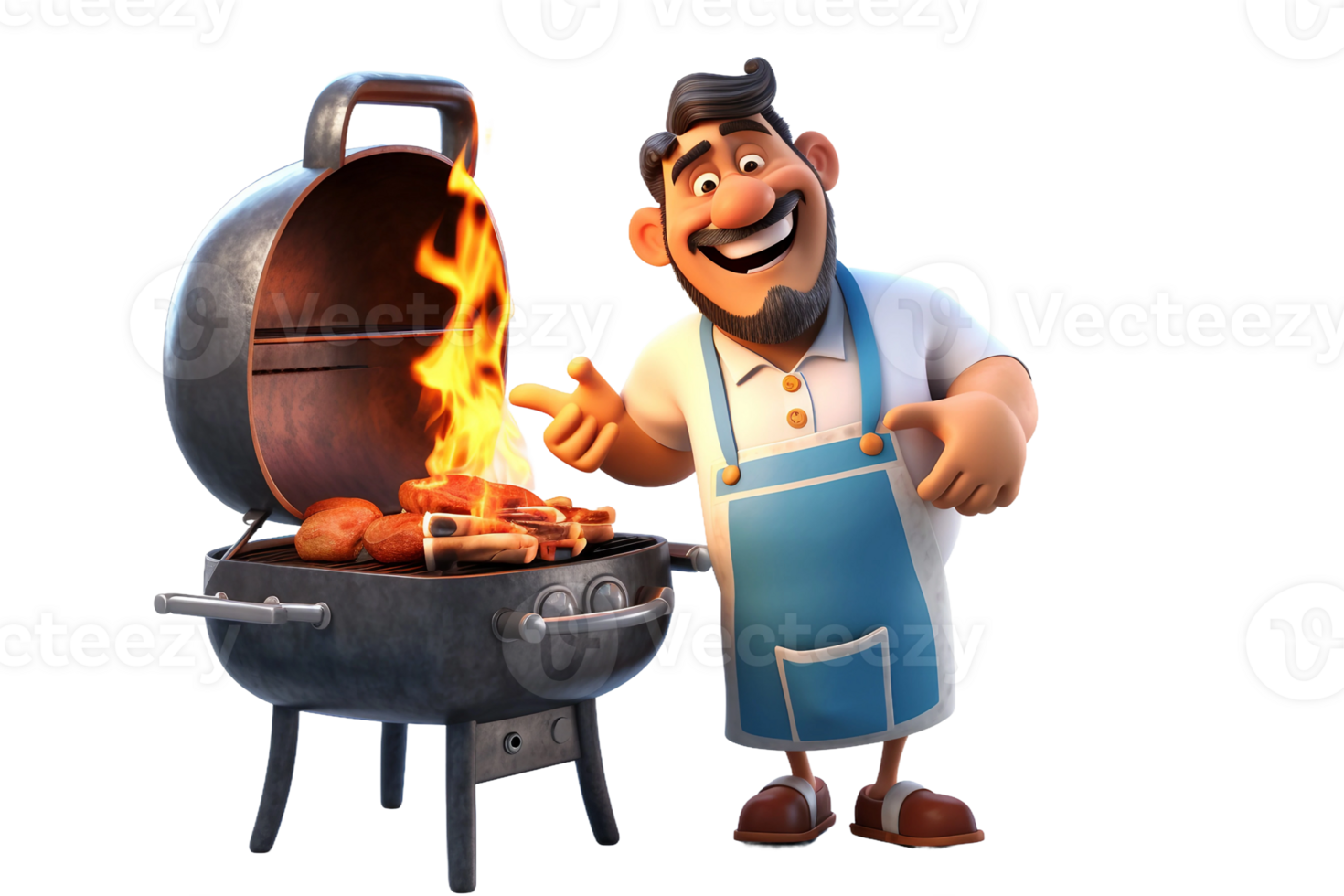 AI generated Middle-aged Male 3D Cartoon Character Cooking Barbecue Isolated on Transparent Background. png