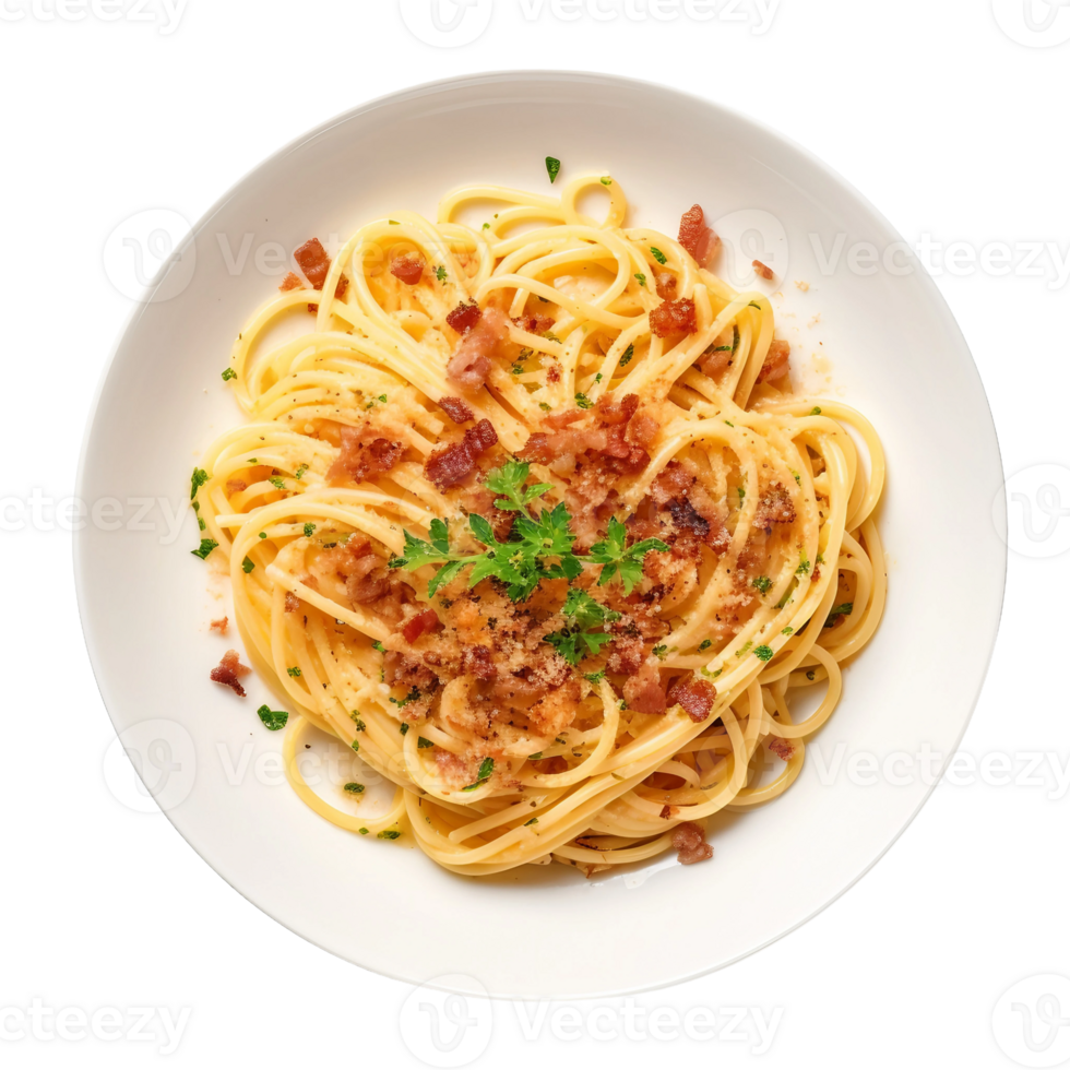 AI generated Spaghetti Carbonara with Bacon Bits on Transparent Background. png