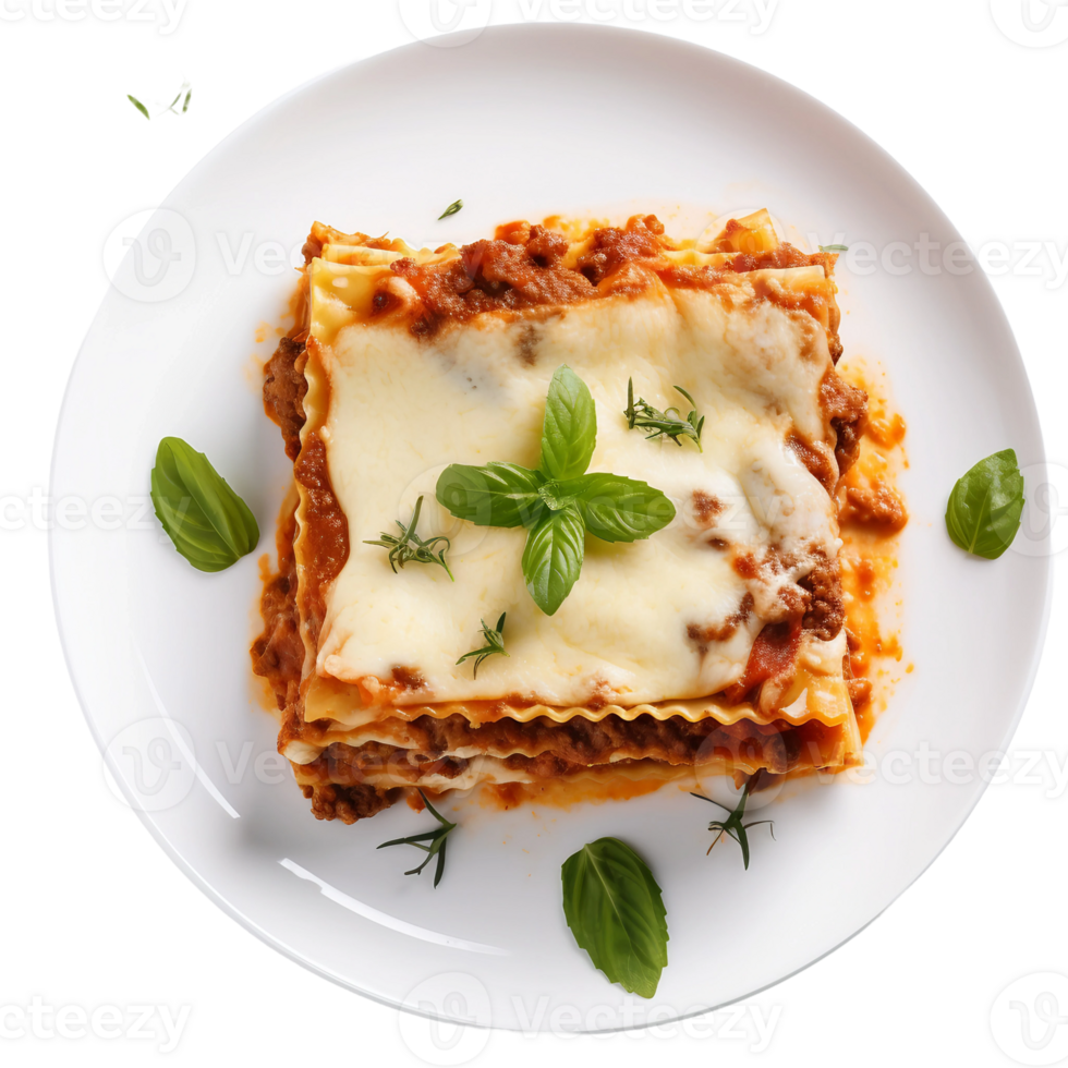 ai generiert frisch gebacken Lasagne mit Schichten von Käse und Pasta auf transparent Hintergrund. png