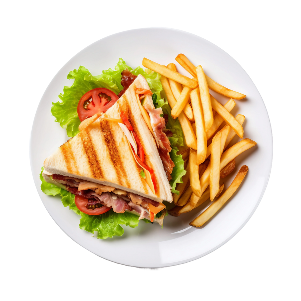 AI generated Club Sandwich with Fries on a White Plate on Transparent Background. png