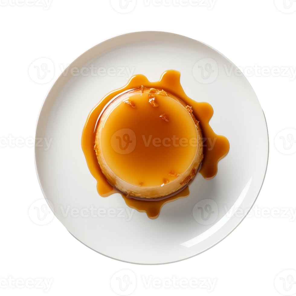 AI generated Caramel Flan Dessert on a White Plate on Transparent Background. png