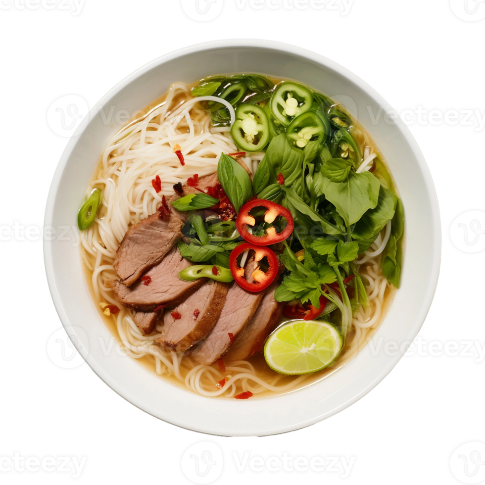 AI generated Pho Noodle Soup on a White Plate on Transparent Background. png