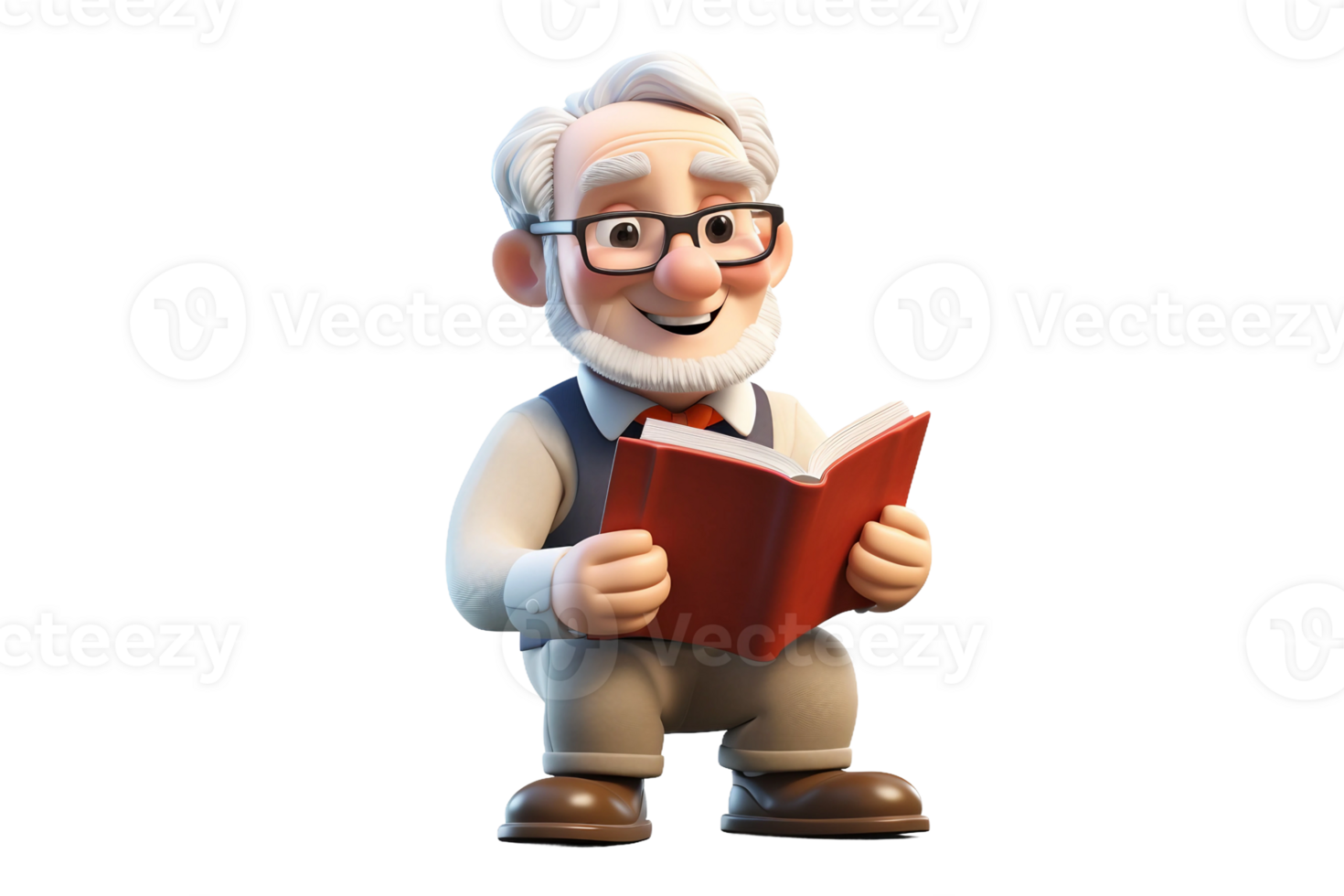 AI generated 3D Cartoon of an Elderly Character, Engaged in Reading a Book Isolated on Transparent Background. png