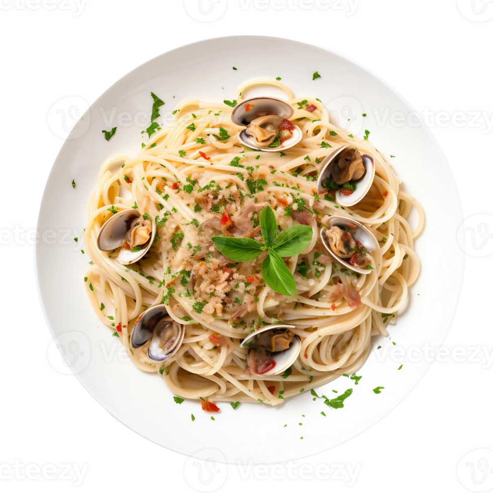 AI generated Clam Linguine on a White Plate on Transparent Background. png