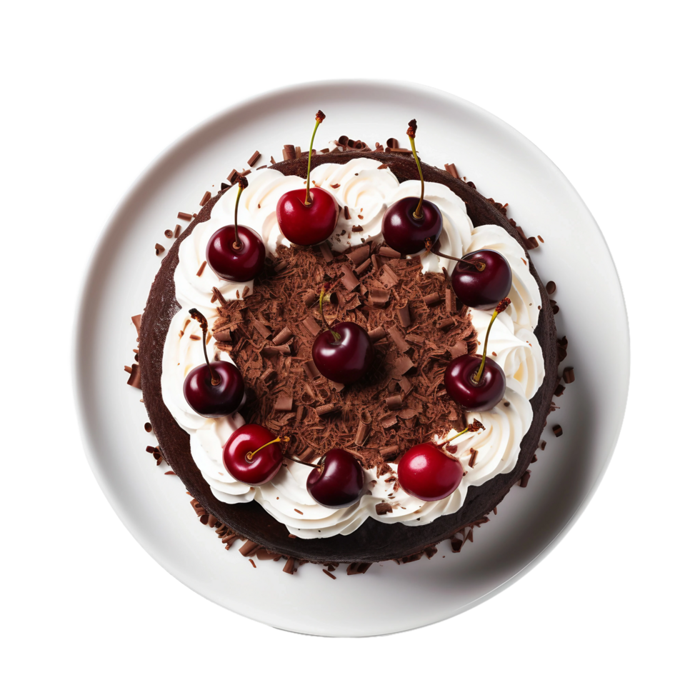 AI generated Black Forest Cake on a White Plate on Transparent Background. png