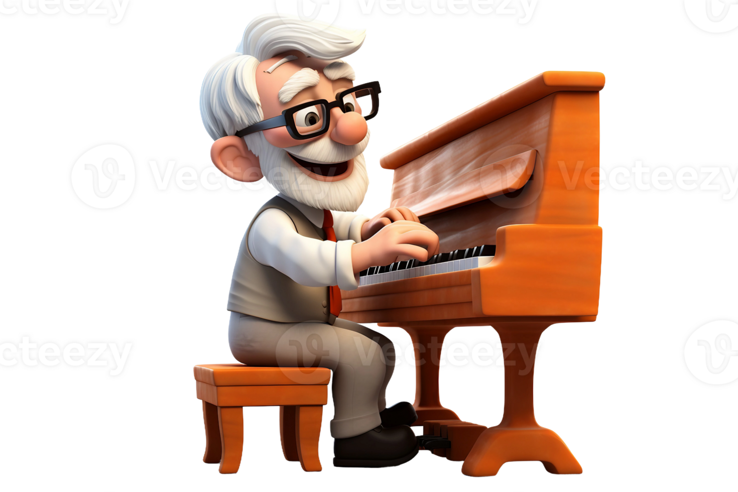 ai generato 3d cartone animato di un anziano personaggio giocando il pianoforte isolato su trasparente sfondo. png