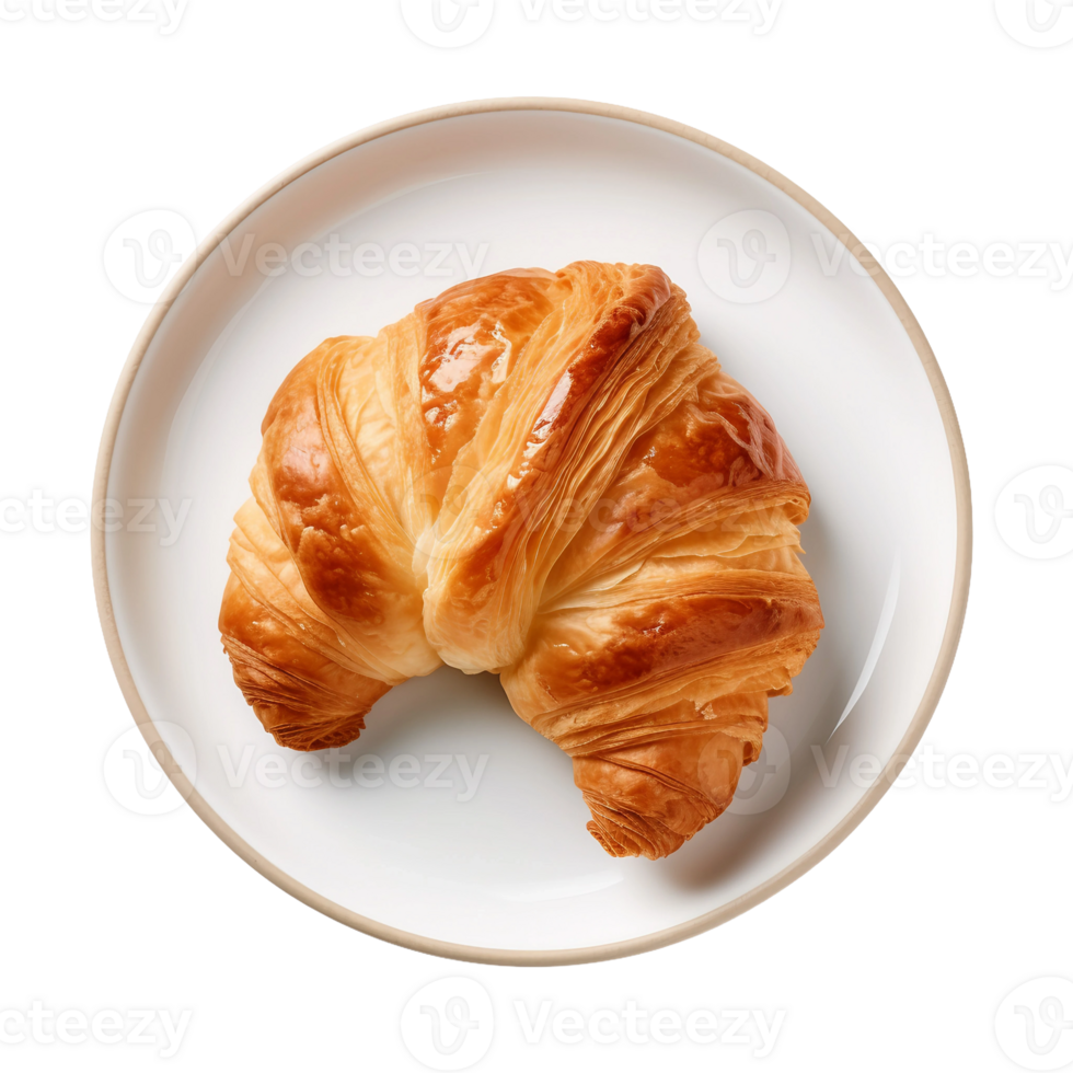 AI generated Croissant on a White Plate, Top View on Transparent Background. png