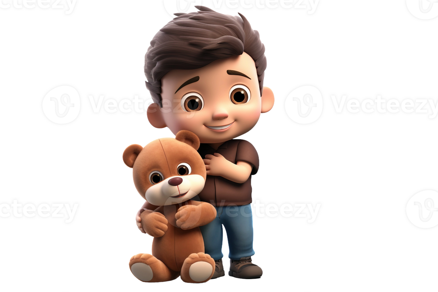 AI generated 3D Cartoon Child Character with Crossed Arms, Holding a Teddy Bear Isolated on Transparent Background. png
