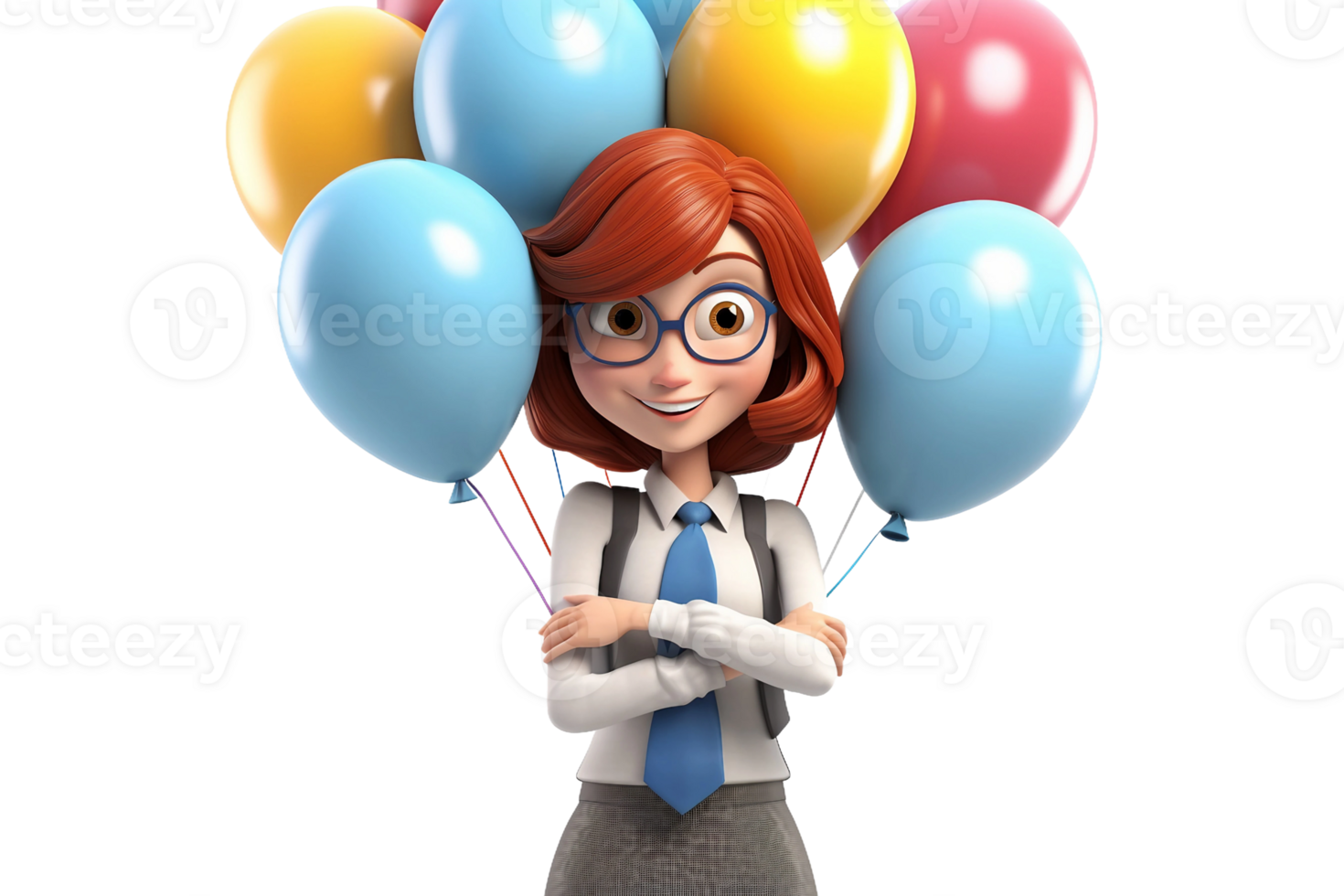 AI generated 3D Cartoon Character Female with Crossed Arms, Holding a Bouquet of Balloons Isolated on Transparent Background. png